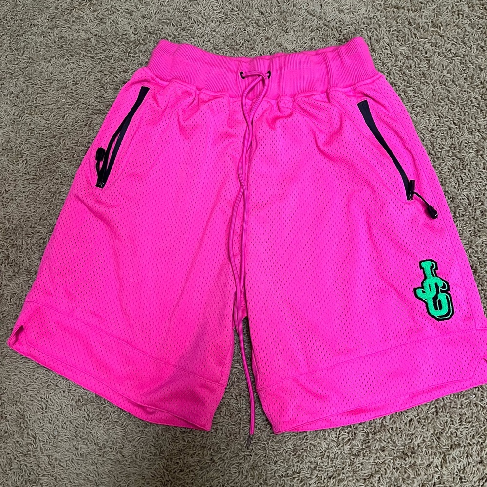 John Geiger Chenille Logo Mesh Basketball Shorts 'Pink/Lime' Size L